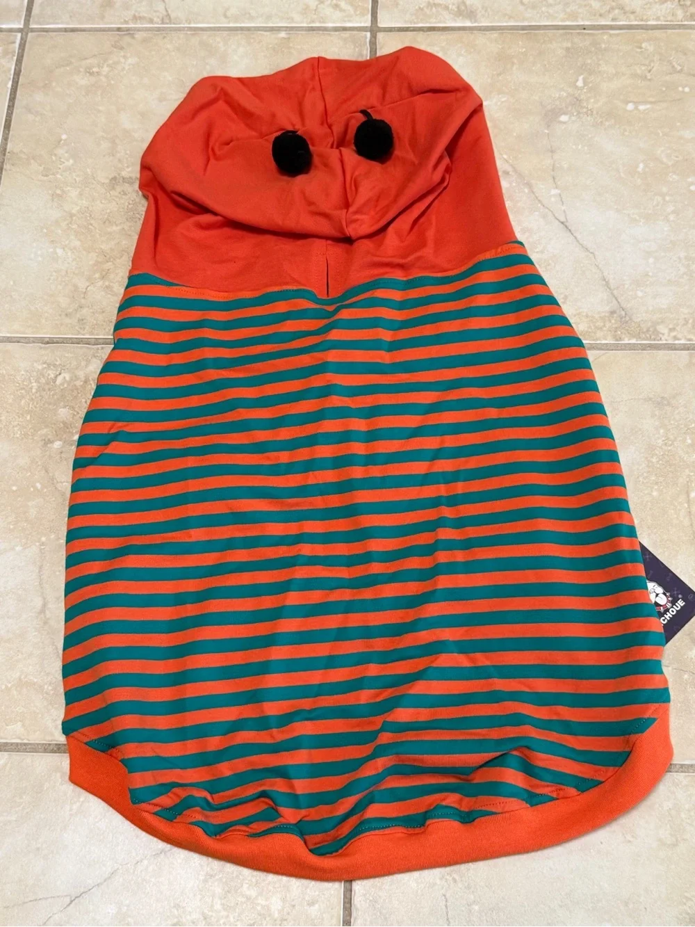 ICHOUe Dog Hoodie 2XL Orange Green Striped Hooded Pet Sweater Pom Pom NWT